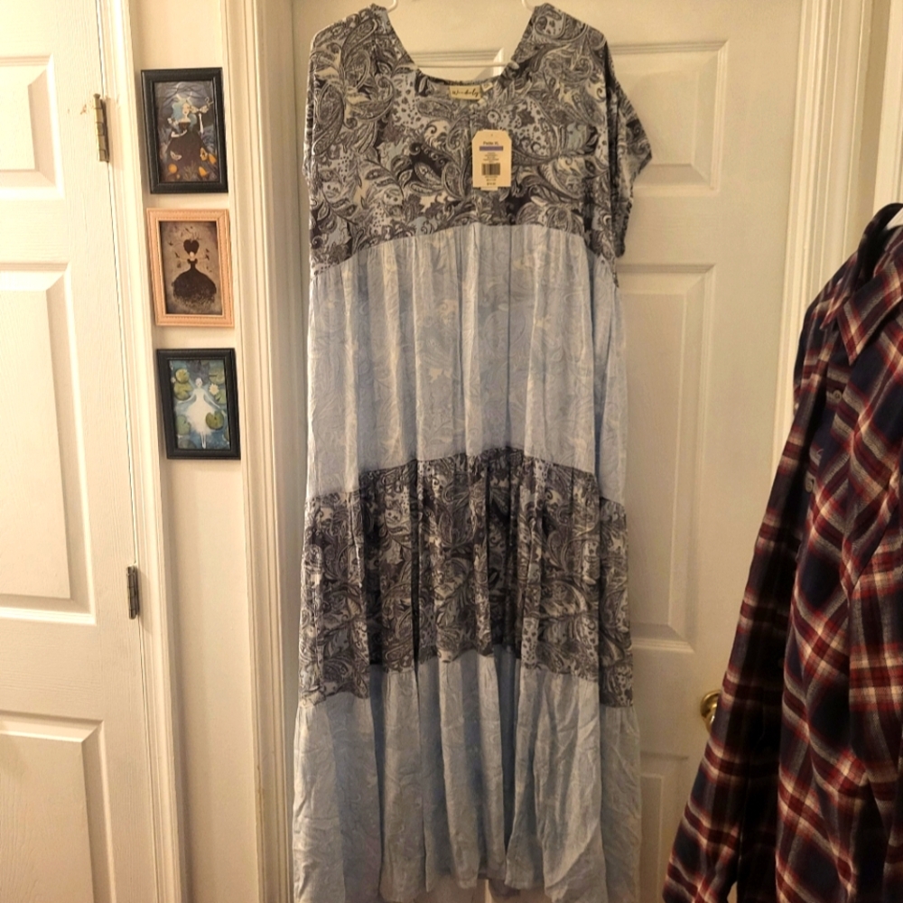 NWT $74.50 Wonderly PXL Blue White Maxi Tiered Paisley Sundress Beach